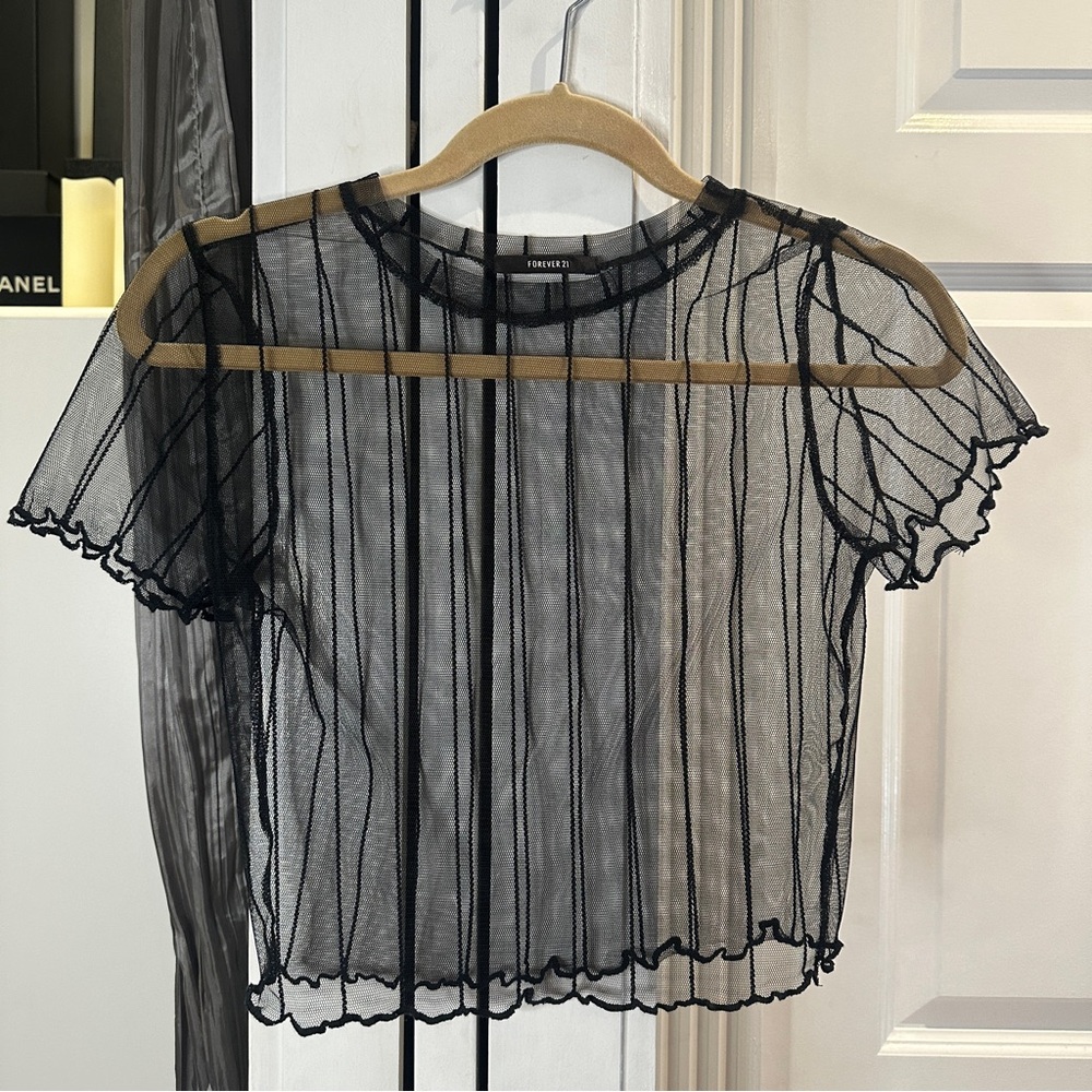 NWOT Black Sheer Crop Top Mesh Stripe Short Sleeve Ruffle Edge XS Small Sexy